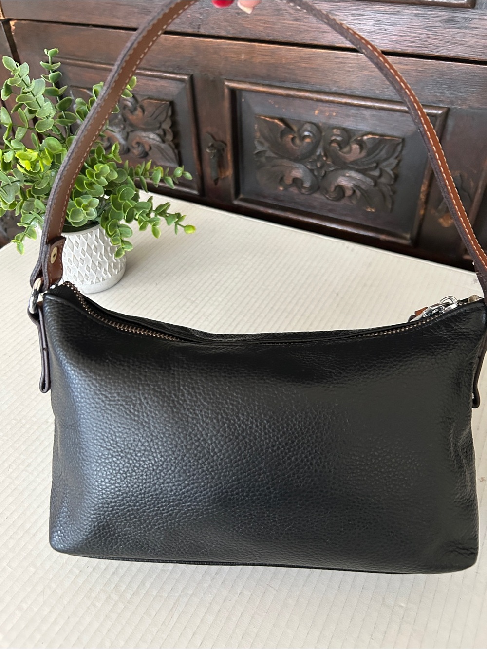 Black Leather Wristlet with Brown Strap - Picture 6 of 11